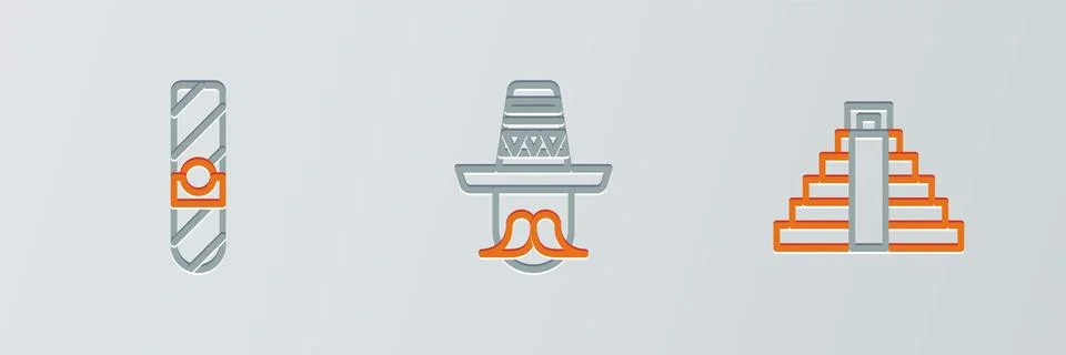 Set line Chichen Itza in Mayan, Cigar and Mexican man sombrero icon. Vector Illustrazione stock