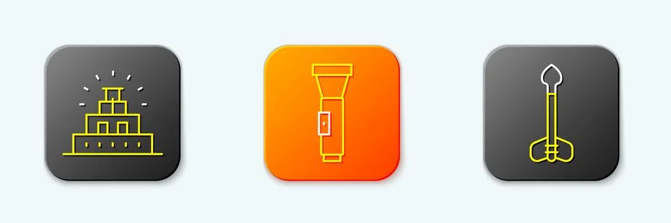 Set line Chichen Itza in Mayan, Flashlight and Arrow icon. Vector Stock Illustration
