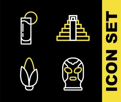 Set line Chichen Itza in Mayan, Mexican wrestler, Corn and Tequila glass wi.. Stock Illustration