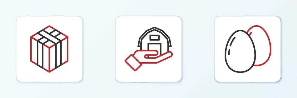 Set line Chicken egg, Bale of hay and Farm house in hand icon. Vector Illustrazione stock