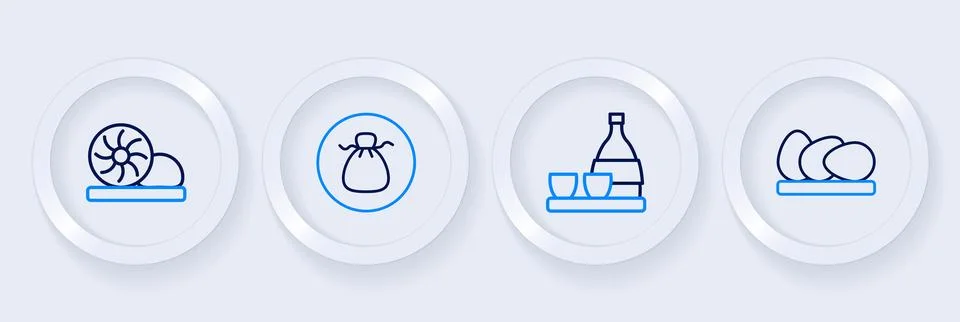 Set line Chicken egg, Bottle of sake, Wonton and Xiao long bao icon. Vector Illustrazione stock