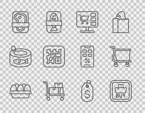 Set line Chicken egg in box, Buy button, Shopping cart computer, Hand truck and 스톡 일러스트