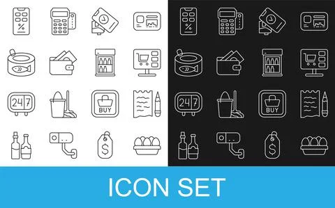 Set line Chicken egg in box, Shopping list and pencil, cart on computer, POS Illustrazione stock