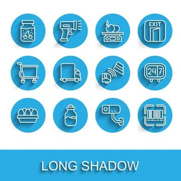 Set line Chicken egg in box, Spice can, Jam jar, Security camera, Scanner Illustrazione stock