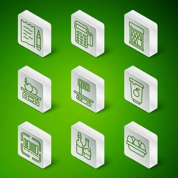 Set line Chicken egg in box, Whiskey bottle, Shopping list and pencil Illustrazione stock