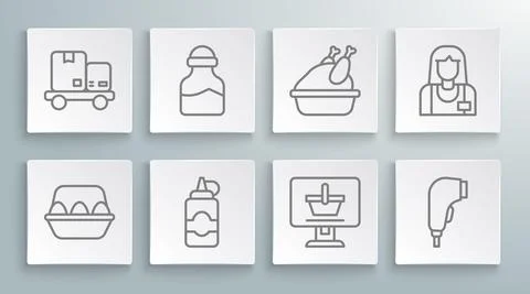 Set line Chicken egg in box, Spice can, Sauce bottle, Shopping cart on computer Illustrazione stock
