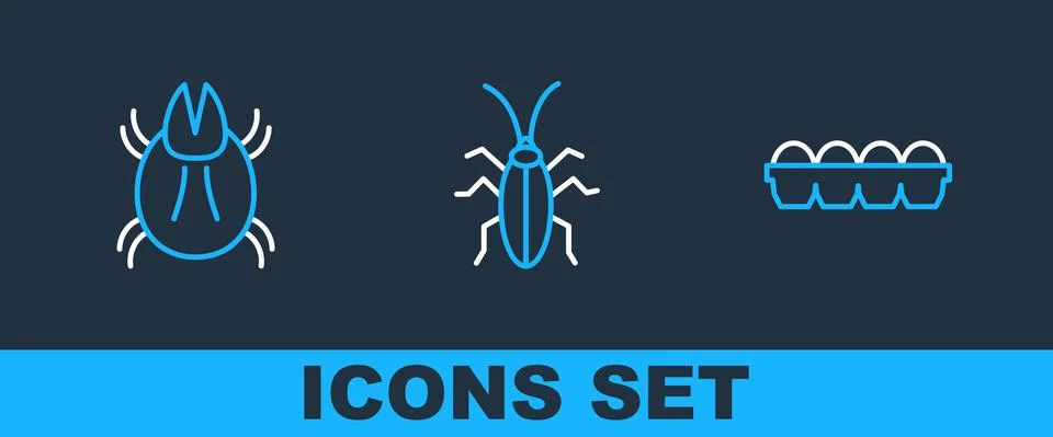 Set line Chicken egg in box, Parasite mite and Cockroach icon. Vector Stock Illustration