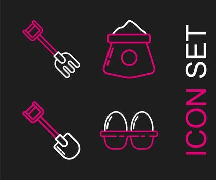 Set line Chicken egg in box, Shovel, Bag of flour and Garden rake icon. Vector Stock Illustration
