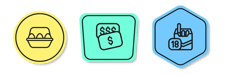 Set line Chicken egg in box, New price tag dollar and Cigarettes pack. Colored Stock Illustration