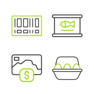 Set line Chicken egg in box, Credit card, Canned fish and Barcode icon. Vector Illustrazione stock