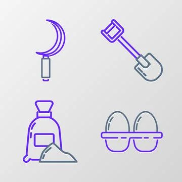 Set line Chicken egg in box, Bag of flour, Shovel and Sickle icon. Vector Stock Illustration