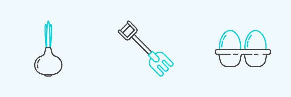 Set line Chicken egg in box, Onion and Garden rake icon. Vector Stock Illustration