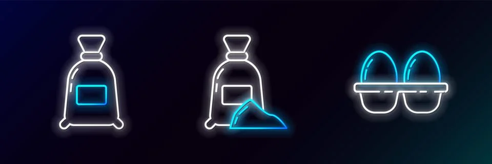 Set line Chicken egg in box, Bag of flour and  icon. Glowing neon. Vector イラスト素材