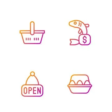Set line Chicken egg in box, Hanging sign with Open, Shopping basket and Pr.. Stock Illustration