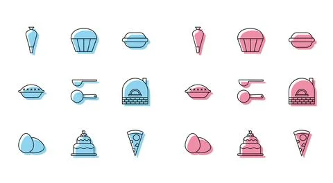 Set line Chicken egg, Cake, Pastry bag for decorate cakes, Slice of pizza, .. Stock Illustration