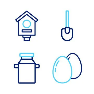 Set line Chicken egg, Can container for milk, Shovel and Bird house icon. Vector 스톡 일러스트
