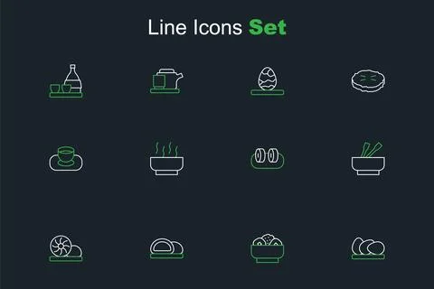 Set line Chicken egg, Chow mein on plate, Sushi, Xiao long bao, Asian noodl.. Stock Illustration