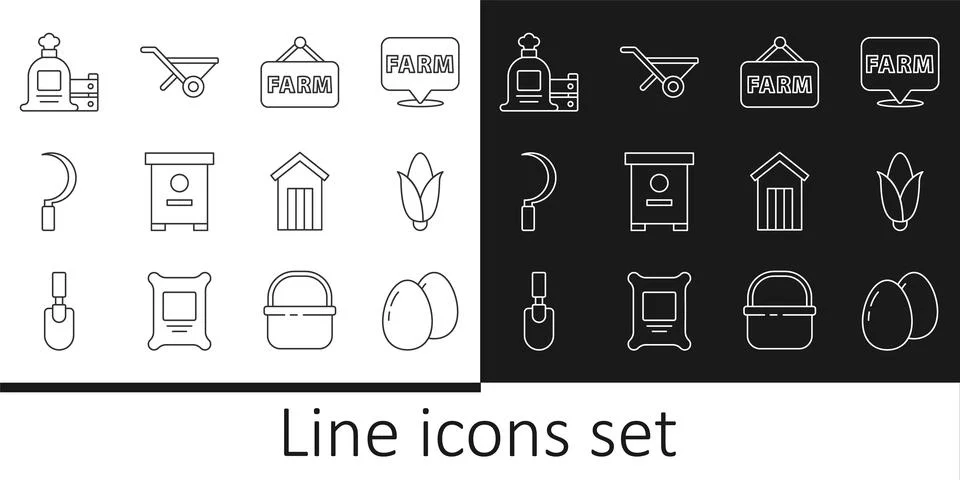 Set line Chicken egg, Corn, Signboard with text Farm, Hive for bees, Sickle.. Stock Illustration