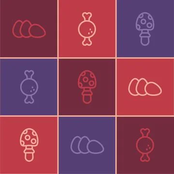 Set line Chicken egg, Fly agaric mushroom and leg icon. Vector イラスト素材