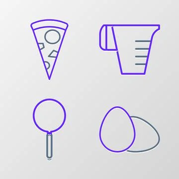 Set line Chicken egg, Frying pan, Measuring cup and Slice of pizza icon. Vector Stock Illustration