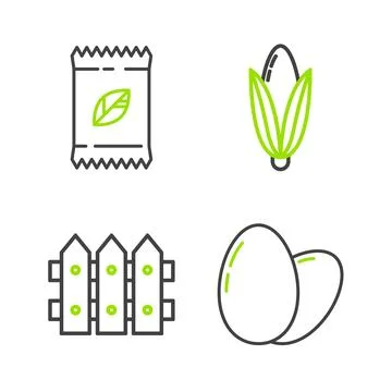 Set line Chicken egg, Garden fence wooden, Corn and A pack full of seeds of.. Stock Illustration