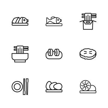 Set line Chicken egg, Homemade pie, Xiao long bao, Sushi, Asian noodles in .. Stock Illustration