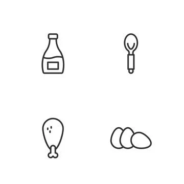 Set line Chicken egg, leg, Sauce bottle and Spoon icon. Vector Stock Illustration