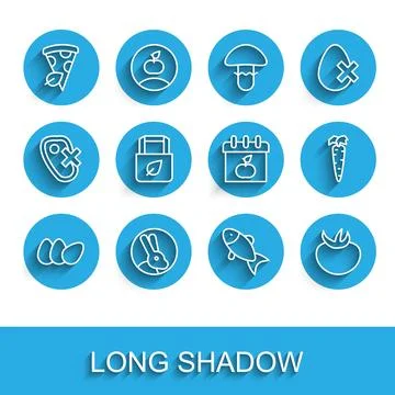 Set line Chicken egg, Rabbit, Vegan pizza slice, Fish, Tomato, Shopping bag with Stock Illustration