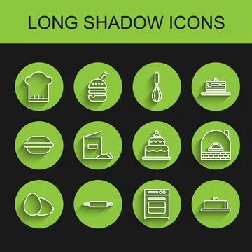 Set line Chicken egg, Rolling pin, Chef hat, Oven, Strawberry cheesecake slice Stock Illustration