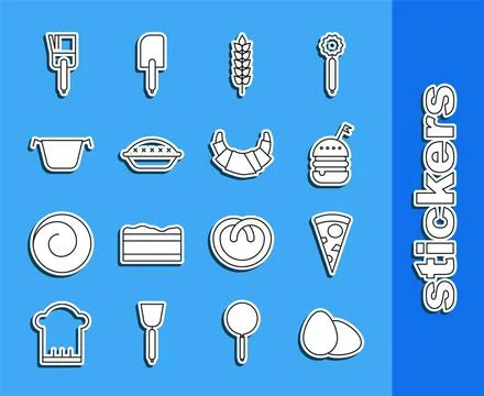 Set line Chicken egg, Slice of pizza, Burger, Cereals with rice, wheat, cor.. Illustrazione stock
