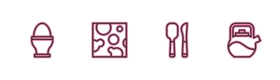 Set line Chicken egg on stand, Knife spoon, Cheese and Kettle with handle icon Illustration
