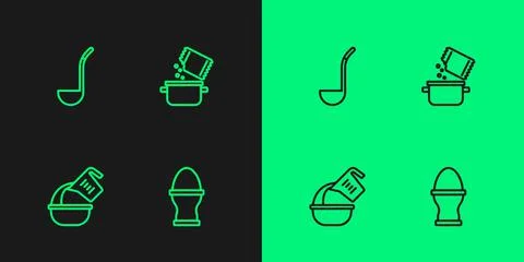 Set line Chicken egg on a stand, Measuring cup bowl, Kitchen ladle and Cooking Illustrazione stock