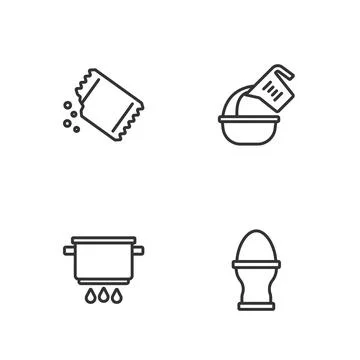 Set line Chicken egg on a stand, Cooking pot fire, Packet of pepper and Stock-Illustration