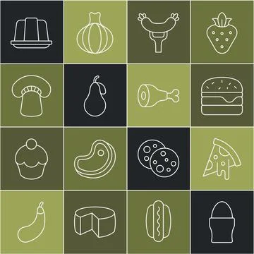 Set line Chicken egg on stand, Slice of pizza, Burger, Sausage the fork, Pear Stock Illustration