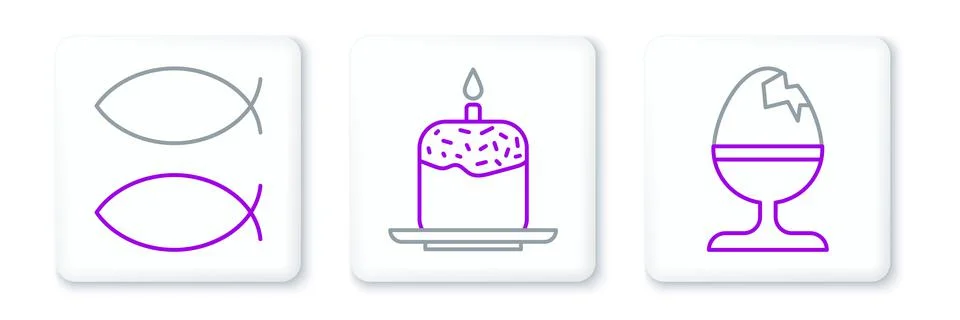 Set line Chicken egg on a stand, Christian fish and Easter cake candle icon 스톡 일러스트