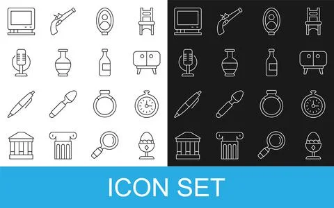 Set line Chicken egg on a stand, Pocket watch, TV table, Portrait picture in Stock Illustration