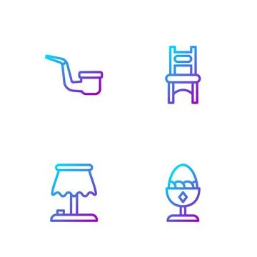 Set line Chicken egg on a stand, Table lamp, Smoking pipe and Chair. Gradient Stock Illustration
