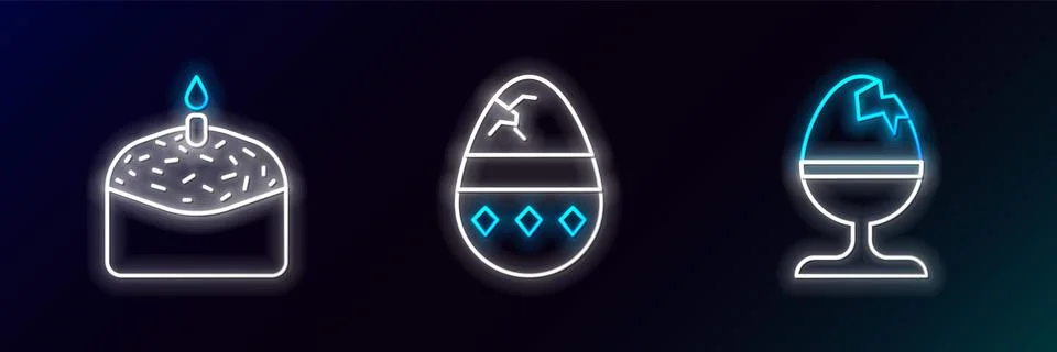 Set line Chicken egg on a stand, Easter cake candle and Cracked icon. Glowing Stock Illustration