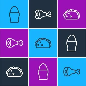 Set line Chicken egg on stand, Taco with tortilla and leg icon. Vector Stock Illustration