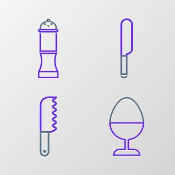 Set line Chicken egg on a stand, Bread knife, Knife and Pepper icon. Vector Stock Illustration