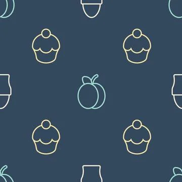 Set line Chicken egg on stand, Muffin and Plum fruit on seamless pattern. Vector 스톡 일러스트