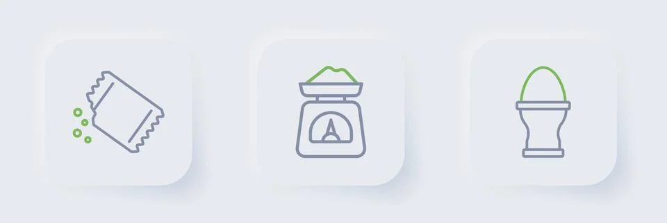 Set line Chicken egg on a stand, Scales and Packet of pepper icon. Vector Stock Illustration