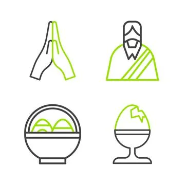 Set line Chicken egg on a stand, Basket with easter eggs, Jesus Christ and .. Stock Illustration