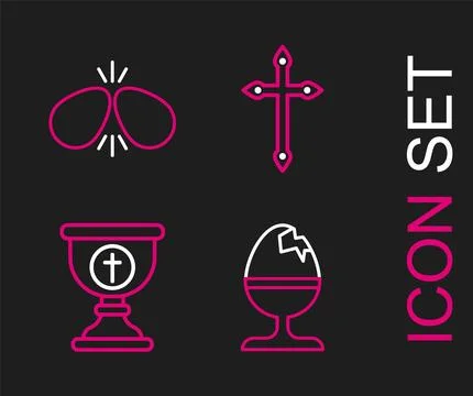 Set line Chicken egg on a stand, Christian chalice, cross and Easter eggs i.. Illustrazione stock