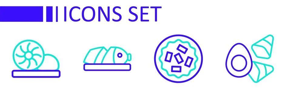 Set line Chicken egg with vegerables, Homemade pie, Fish sliced pieces and .. Stock Illustration