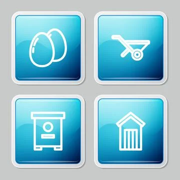 Set line Chicken egg, Wheelbarrow, Hive for bees and Wooden outdoor toilet icon Illustrazione stock