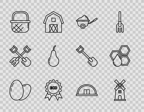 Set line Chicken egg, Windmill, Wheelbarrow with dirt, Banner, label, tag, logo Illustration