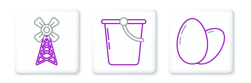 Set line Chicken egg, Windmill and Bucket icon. Vector Stock Illustration