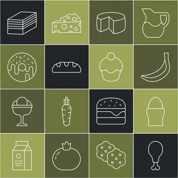 Set line Chicken leg, egg on stand, Banana, Cheese, Bread loaf, Donut, Piece of Stock Illustration