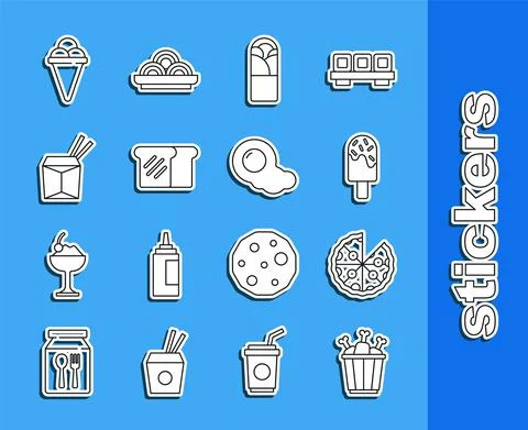 Set line Chicken leg in package box, Pizza, Ice cream, Doner kebab, Bread toast Stock Illustration